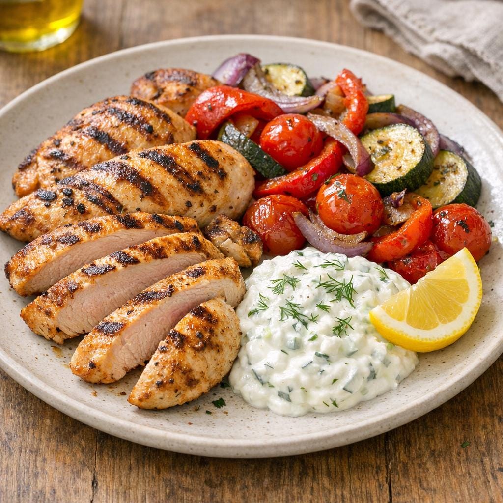 Filets de poulet grillés, tzatzíki maison et légumes rôtis avec Assemblage Tzatzíki sans sel