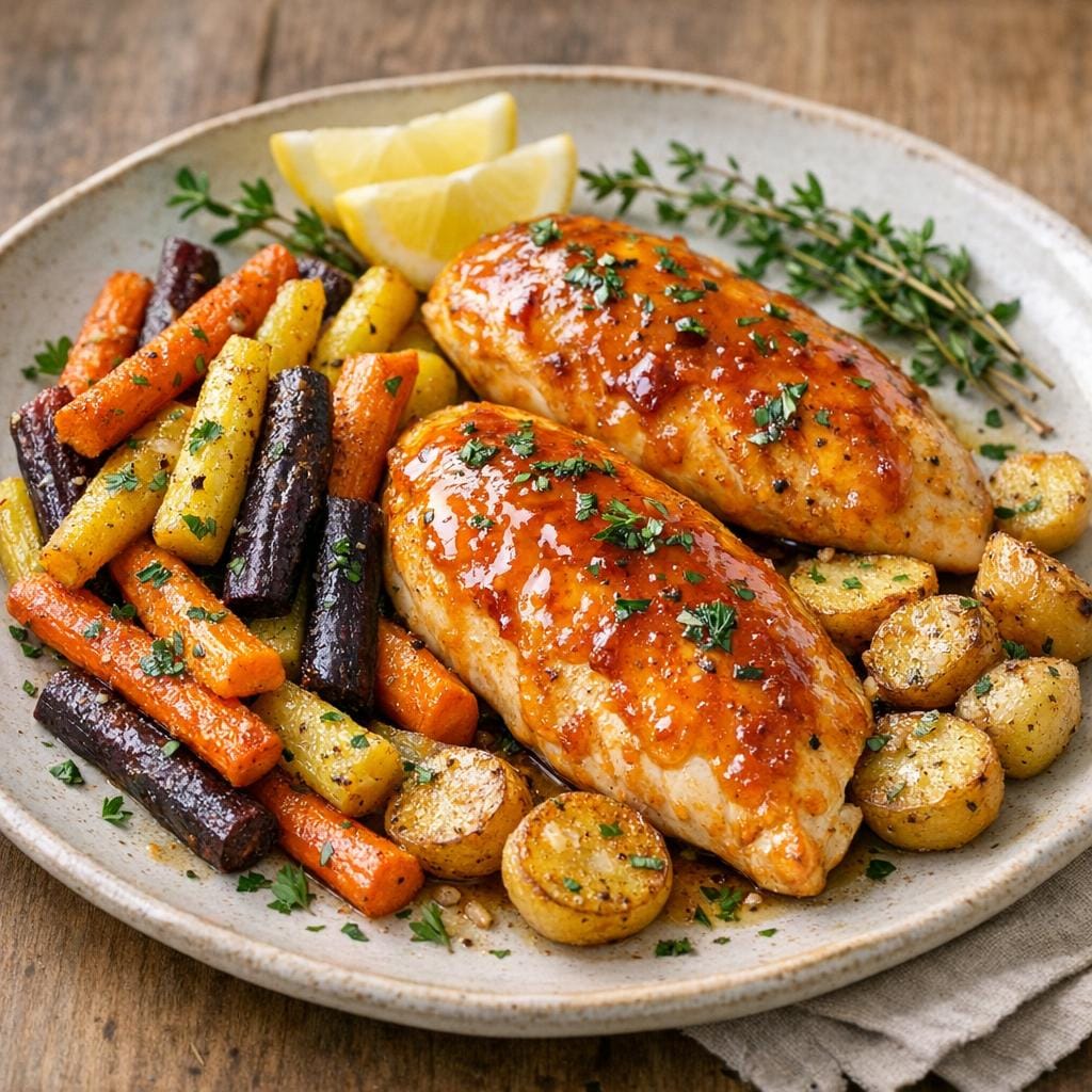 Filets de poulet laqués à la Sauce Piquante Yuzu, carottes rôties et pommes de terre sautées avec Sauce Piquante Yuzu