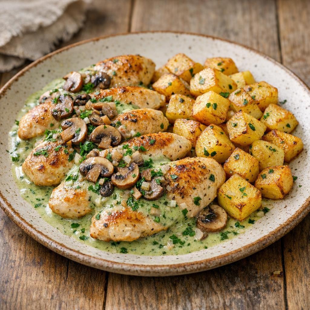 Filets de poulet poêlés, sauce crème à l'ortie poudre, champignons et pommes de terre sautées avec Ortie poudre