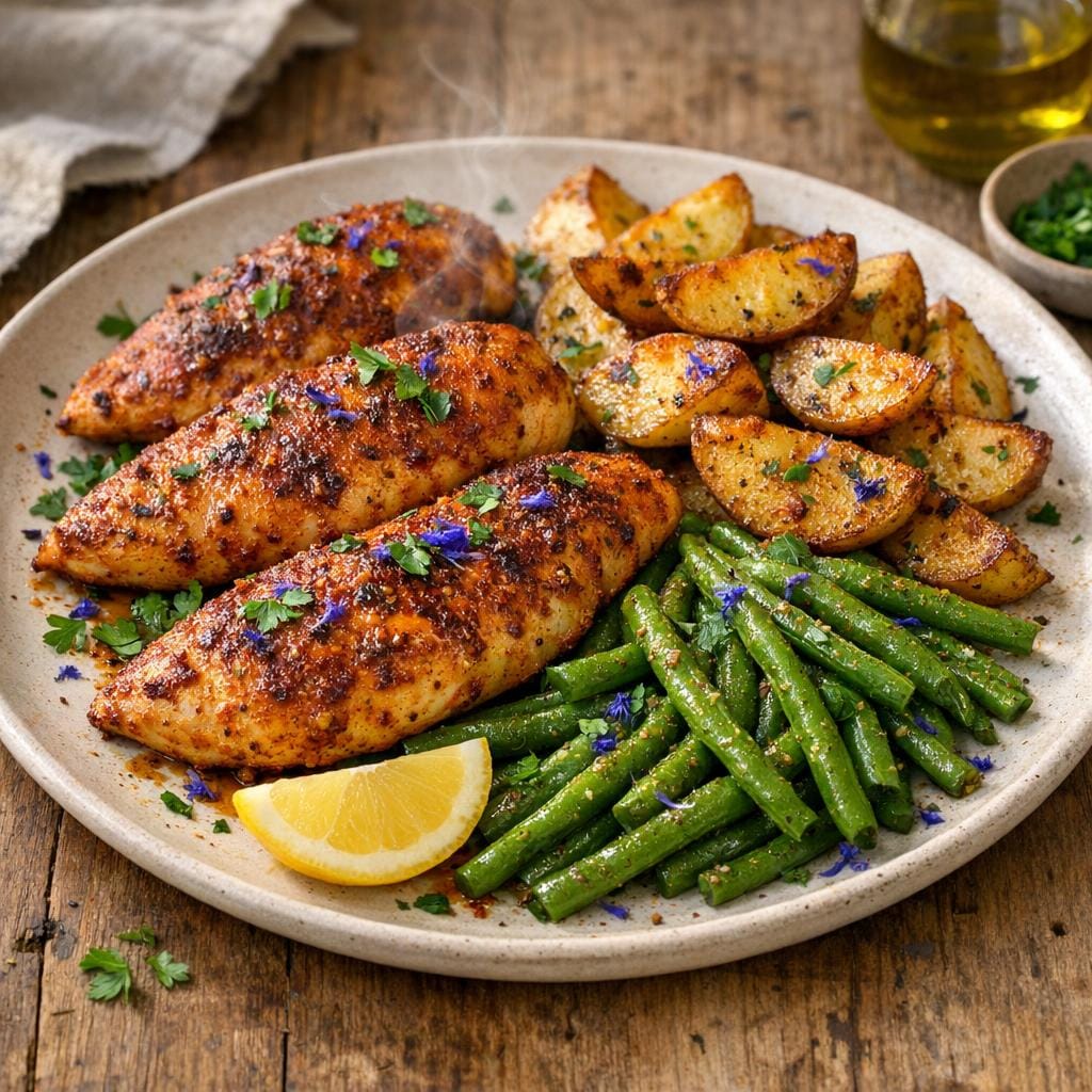 Filets de poulet rôtis à la Douceur Angevine, pommes de terre et haricots verts avec Douceur Angevine