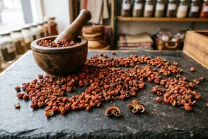 Graines de poivre sichuan écrasées dans un mortier en bois, sur une plaque sombre avec quelques grains épars autour.