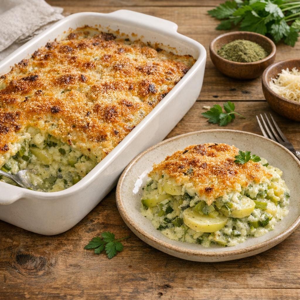 Gratin de pommes de terre et poireaux à la poudre d'ortie avec Ortie poudre