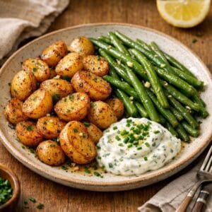 Grenaille sautées, haricots verts et yaourt aux herbes avec Patates sautées