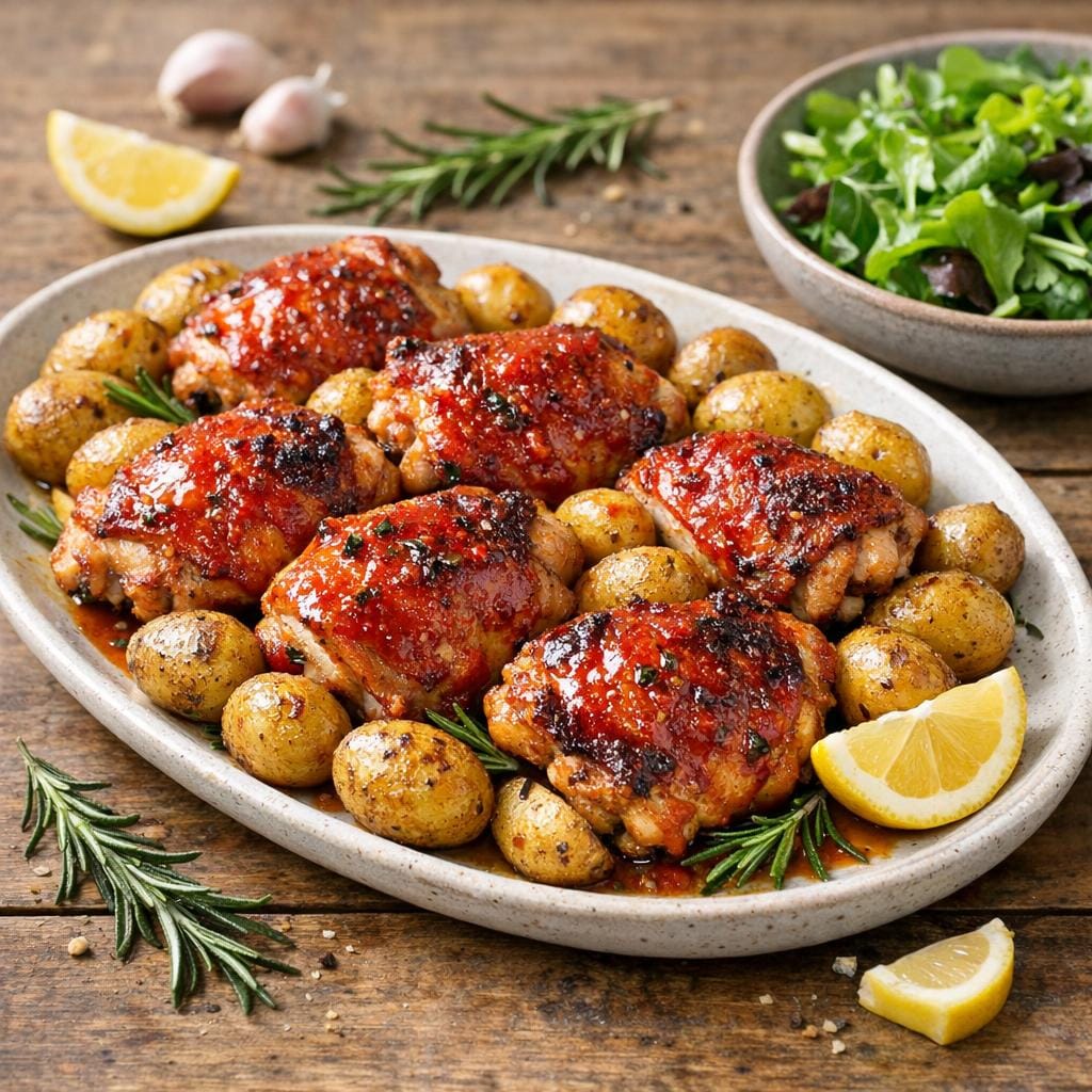 Hauts de cuisse de poulet rôtis, purée de piment rouge et pommes de terre grenaille avec Purée de Piment Rouge Artisanale – Force 2/5 - 85G
