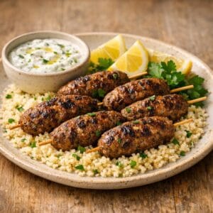 Keftas grillées et semoule parfumée avec Kefta et Falafel