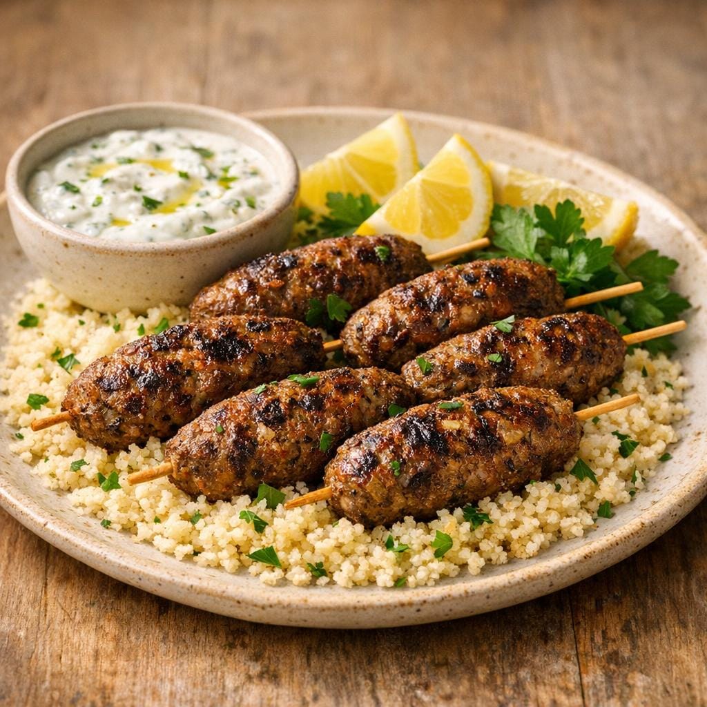 Keftas grillées et semoule parfumée avec Kefta et Falafel