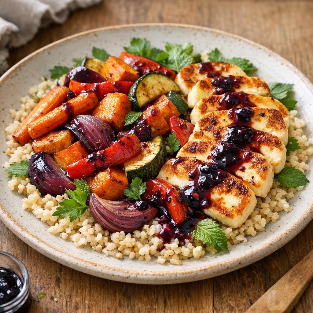 Légumes rôtis et halloumi grillé, boulgour et Sauce piquante Chiliboom à la myrtille avec Sauce piquante Chiliboom à la myrtille