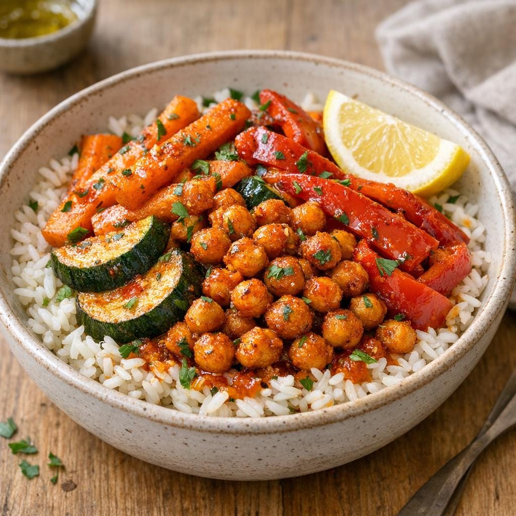 Légumes rôtis et pois chiches croustillants au piment citron avec Purée de Piment Citron Forte