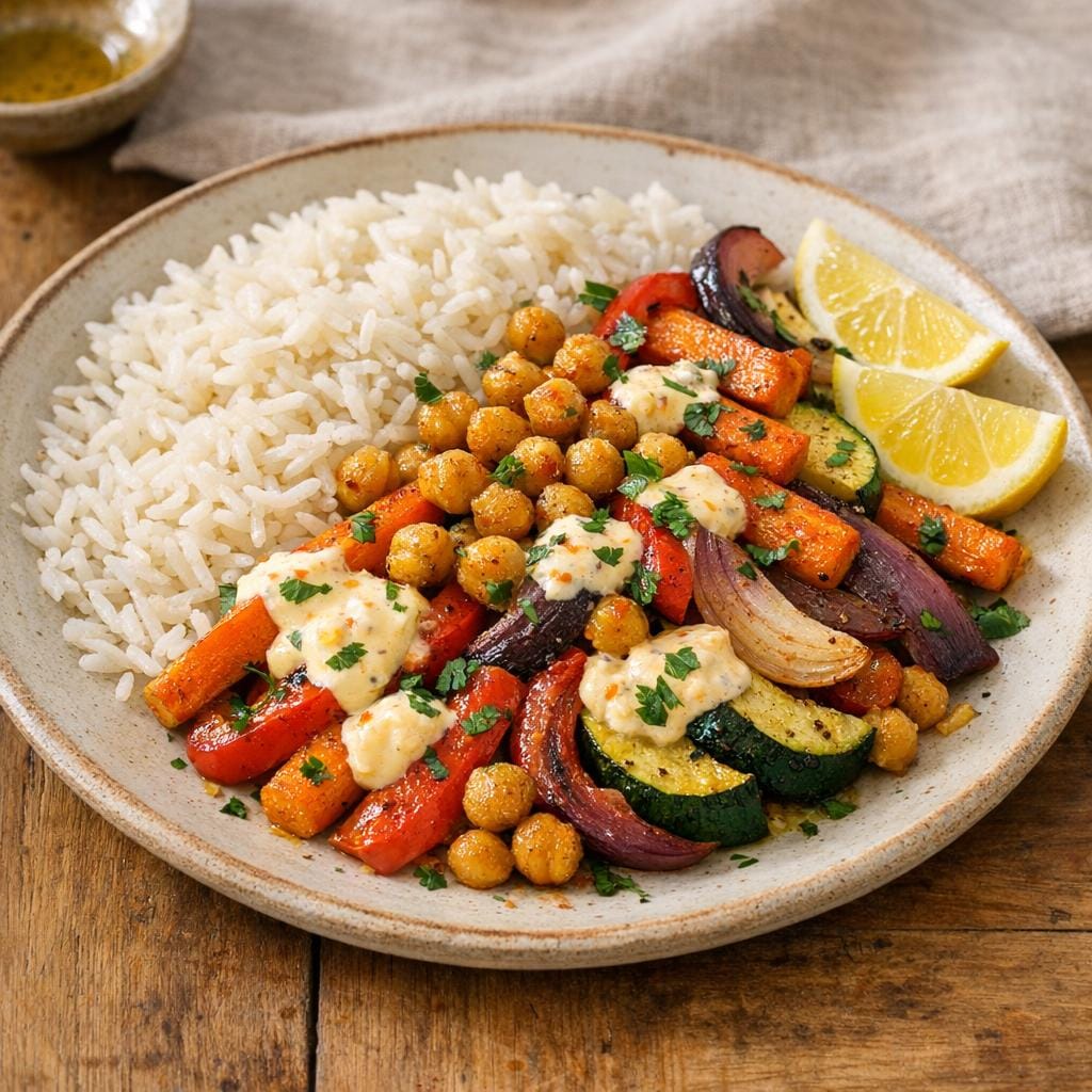 Légumes rôtis et pois chiches grillés, nappés de Purée de Piment Citron Légère avec Purée de Piment Citron Légère
