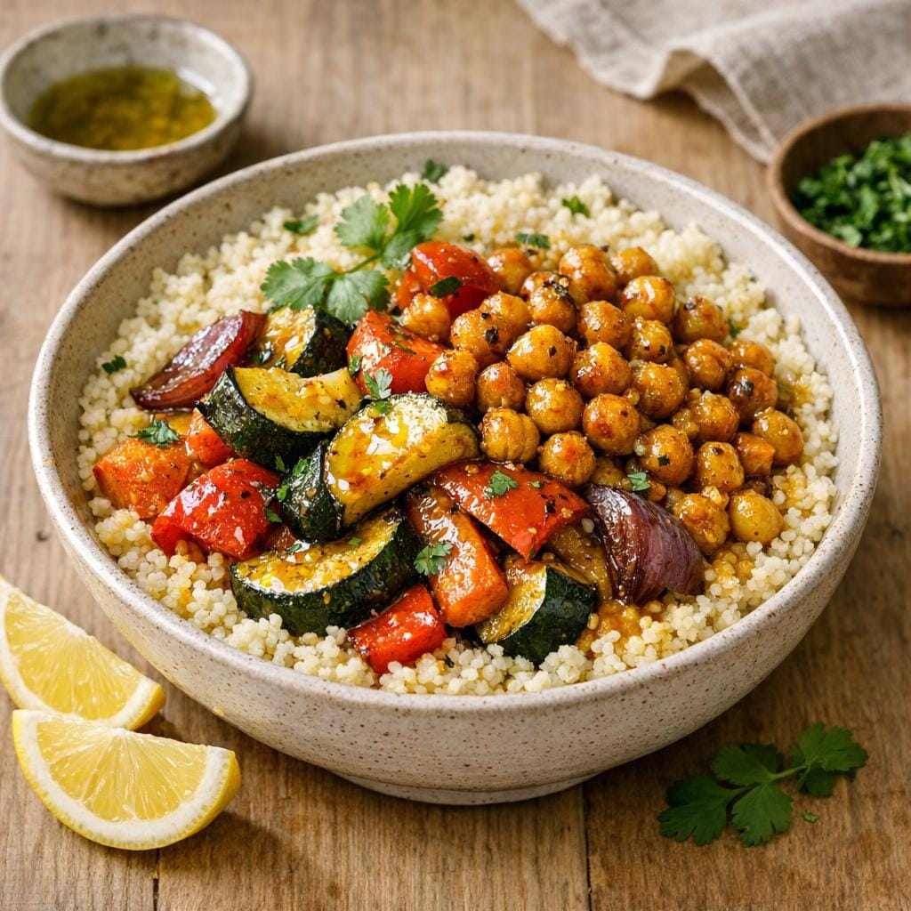 Légumes rôtis & pois chiches croustillants, Purée de Piment Citron Moyenne avec Purée de Piment Citron Moyenne