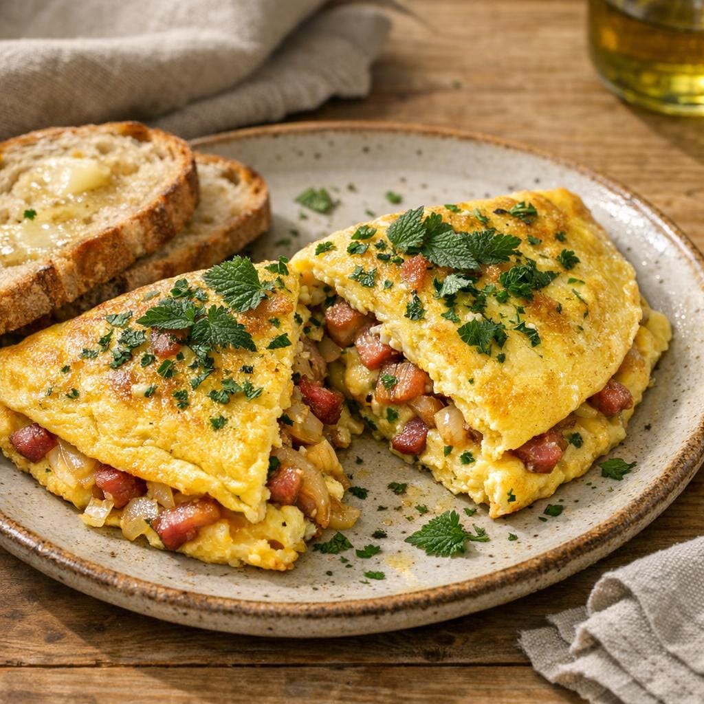Omelette fermière aux lardons, oignons fondants et ortie feuille avec Ortie feuille