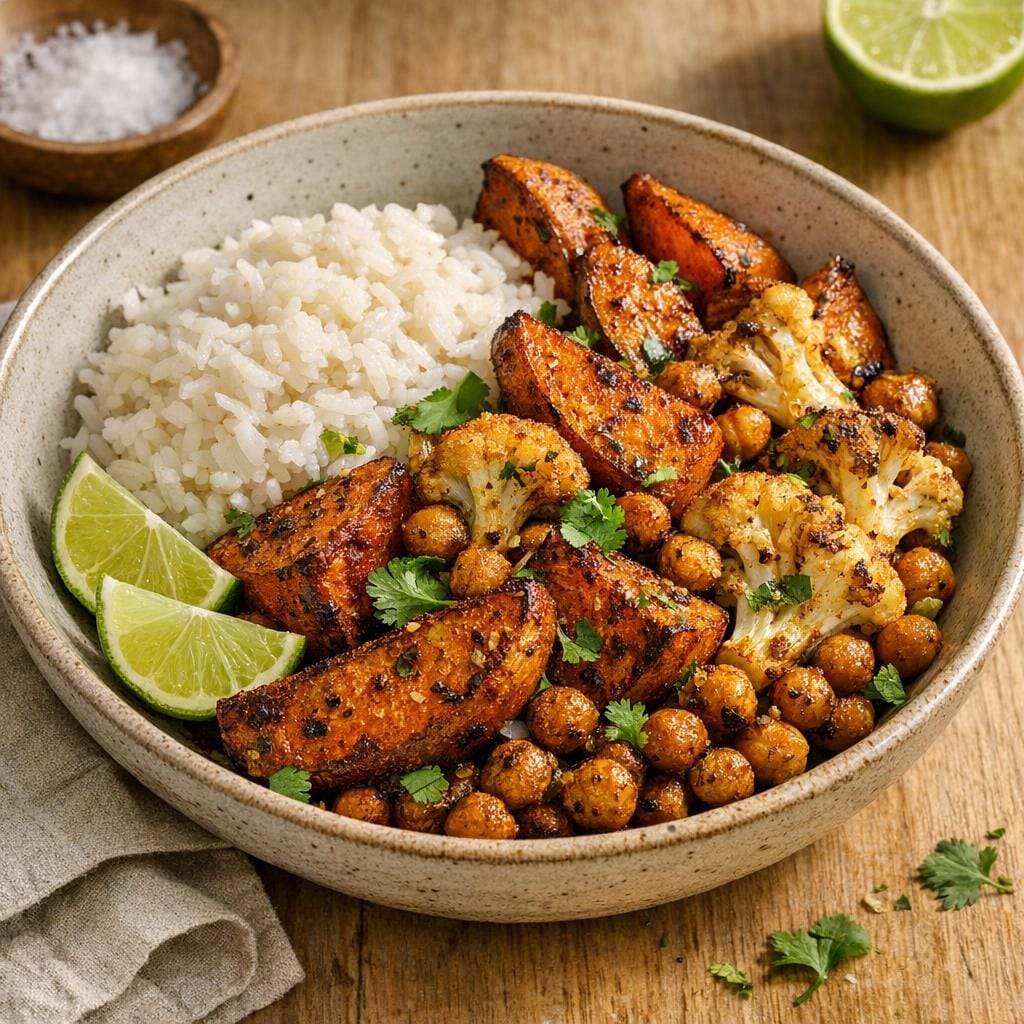 Patates douces rôties, chou‑fleur et pois chiches au Jamaïcain jerk, riz coco et citron vert avec Jamaïcain jerk