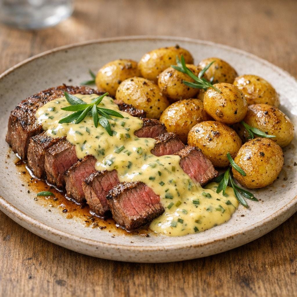 Pavé de bœuf, pommes grenailles et crème béarnaise minute avec Assemblage sauce béarnaise