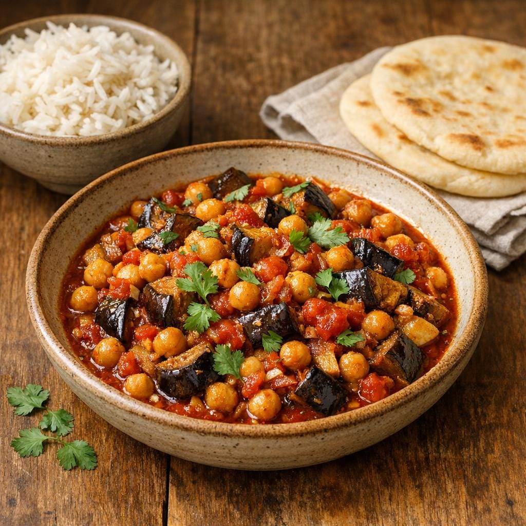 Poêlée de pois chiches, tomates et aubergines relevée à la purée de piment rouge avec Purée de Piment Rouge Artisanale – Force 5/5 - 85G