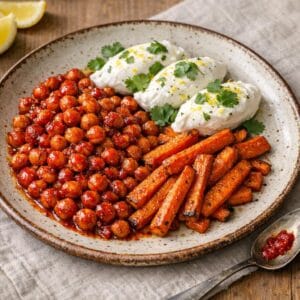 Pois chiches rôtis au piment rouge, carottes confites et yaourt frais (végétarien) avec Purée de Piment Rouge Artisanale – Force 2/5 - 85G