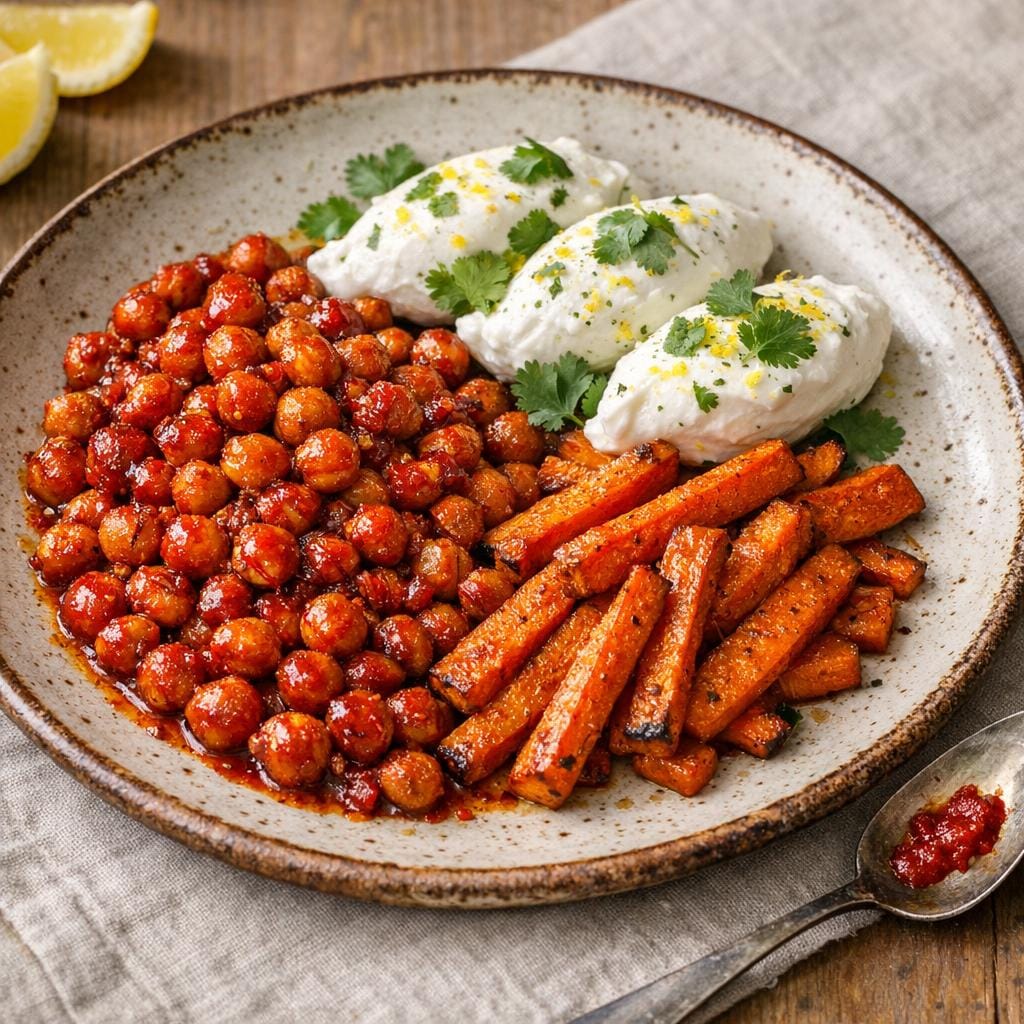 Pois chiches rôtis au piment rouge, carottes confites et yaourt frais (végétarien) avec Purée de Piment Rouge Artisanale – Force 2/5 - 85G