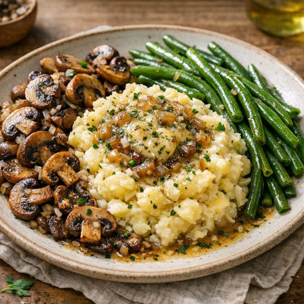 Pommes de terre écrasées au beurre aux herbes & oignon fumé, champignons poêlés et haricots verts avec Assemblage Beurre Maison aux Herbes & Oignon Fumé