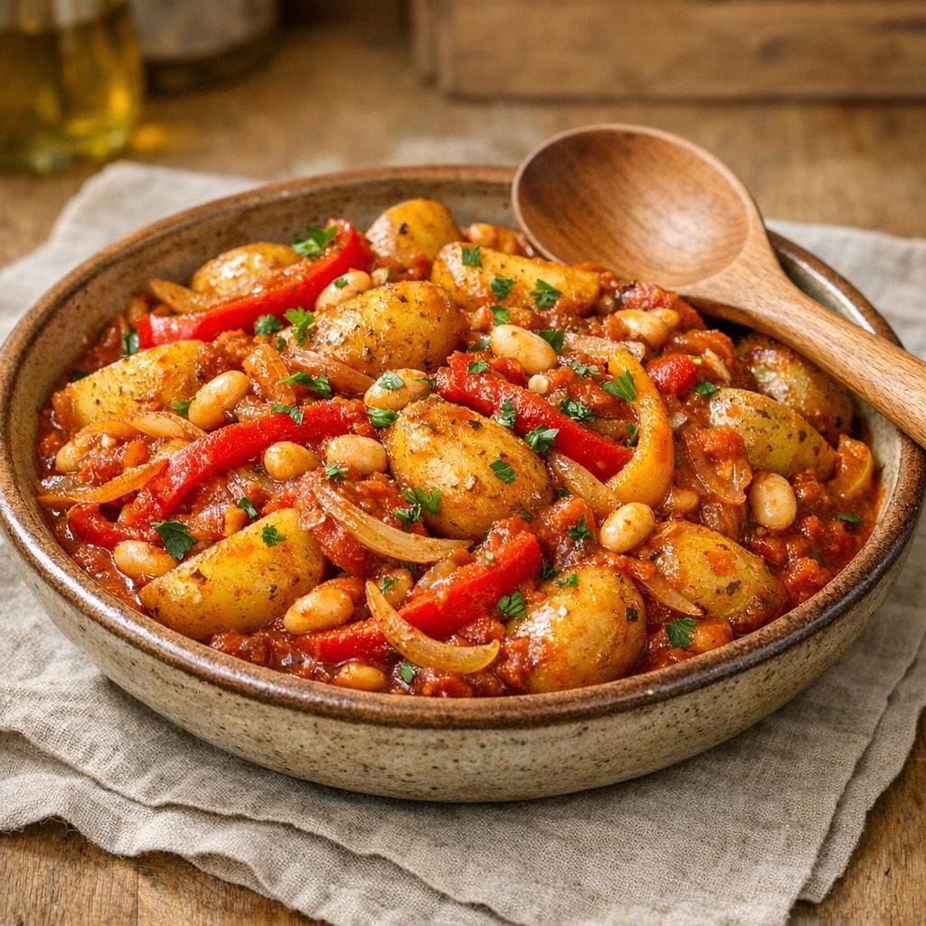 Pommes de terre rôties façon Basque, sauce tomate et haricots avec Assemblage Basque
