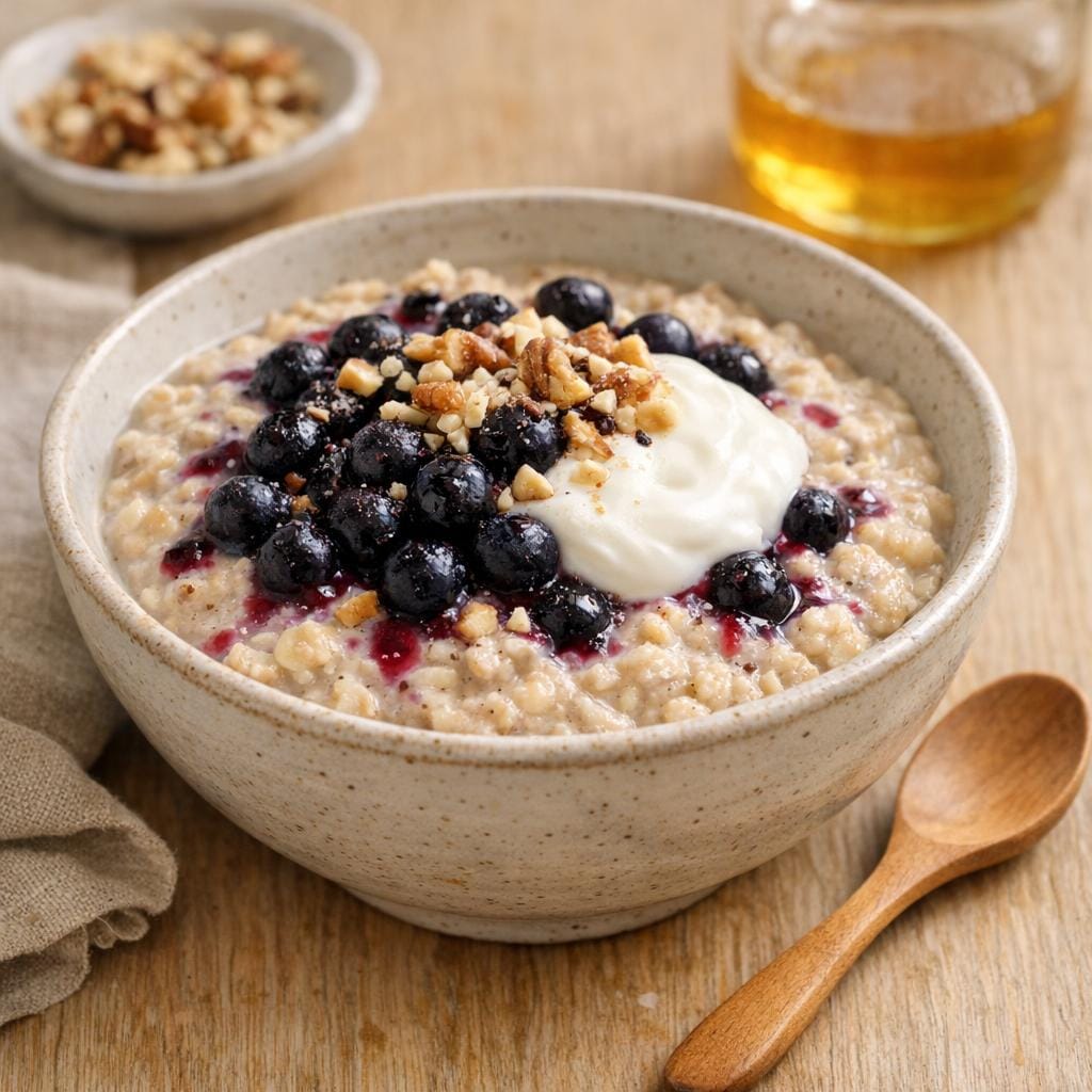 Porridge crémeux aux myrtilles sans sucre ajouté, yaourt et noix avec Myrtilles sans sucre ajouté