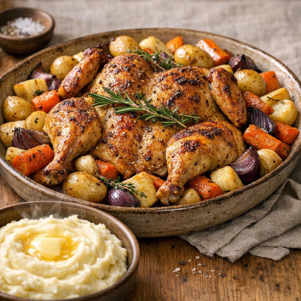 Poulet rôti aux légumes d'hiver et purée maison avec Recettes du mois Décembre - Flyers A5