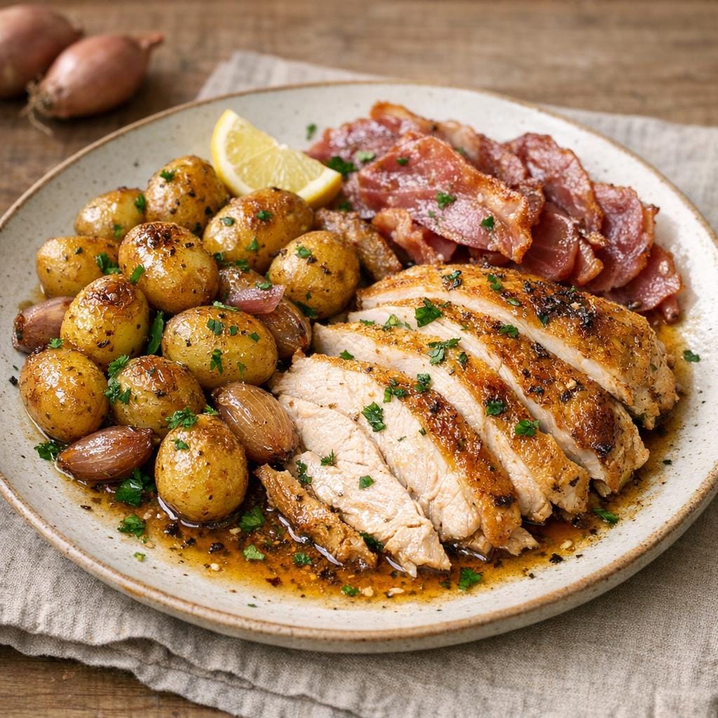 Poulet rôti façon Anjou, pommes grenailles et jambon de pays avec Coffret “Balade en Anjou”