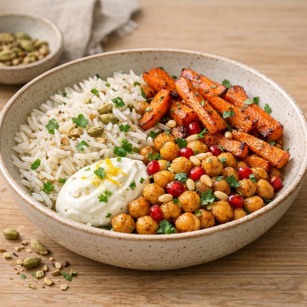 Riz basmati à la cardamome verte, carottes rôties, pois chiches et yaourt citronné avec Cardamome verte en graines