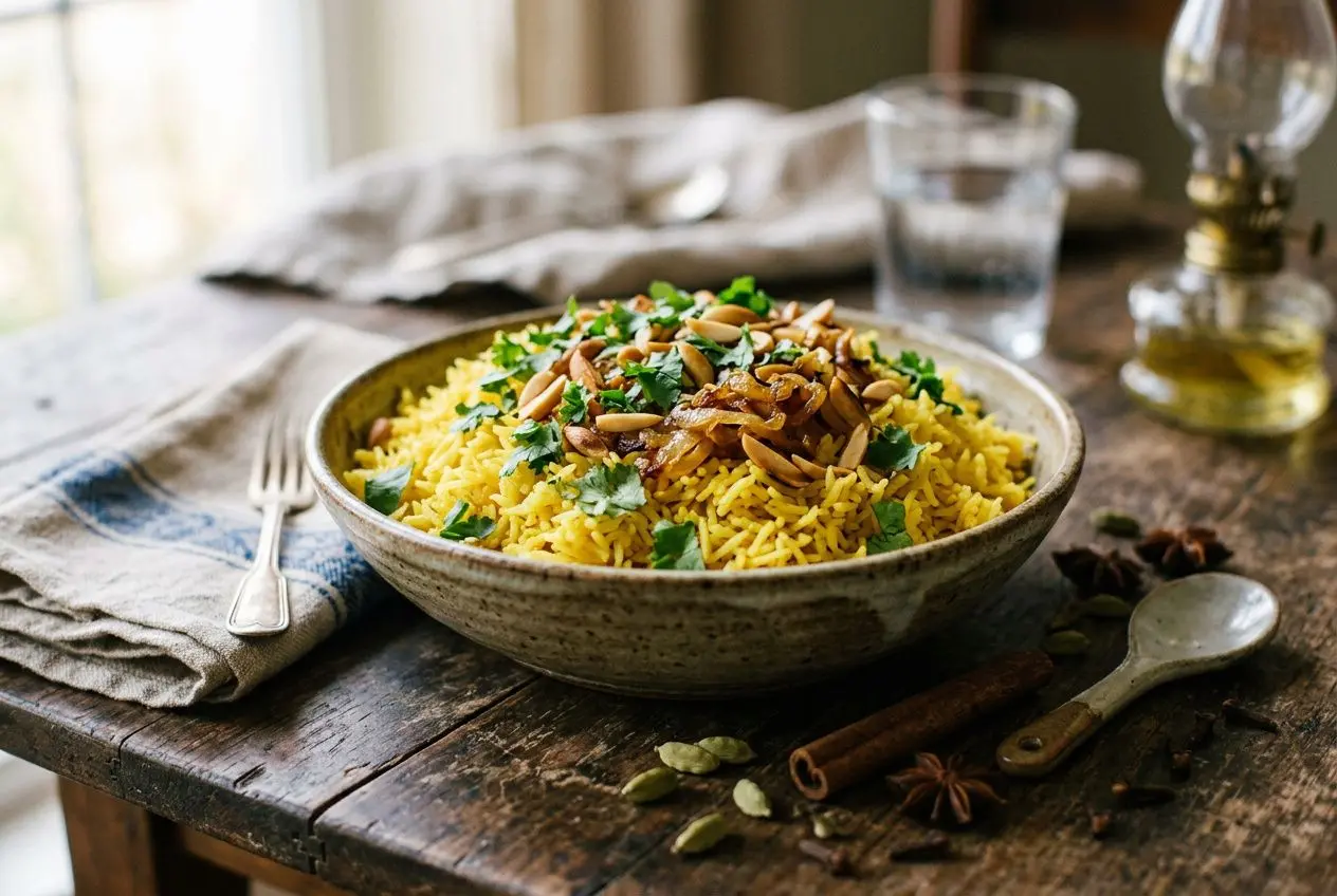 Riz parfumé aux épices servi dans une assiette, garniture d'oignons caramélisés et coriandre, sur table en bois avec épices autour.