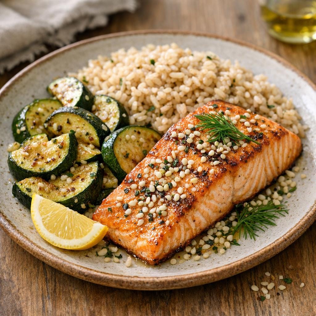 Saumon grillé, courgettes poêlées et riz complet, finish graines de chanvre décortiquées avec Graines de chanvre décortiquées