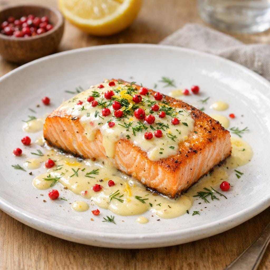Saumon juste saisi, sauce crème citron et baies roses avec Baies roses