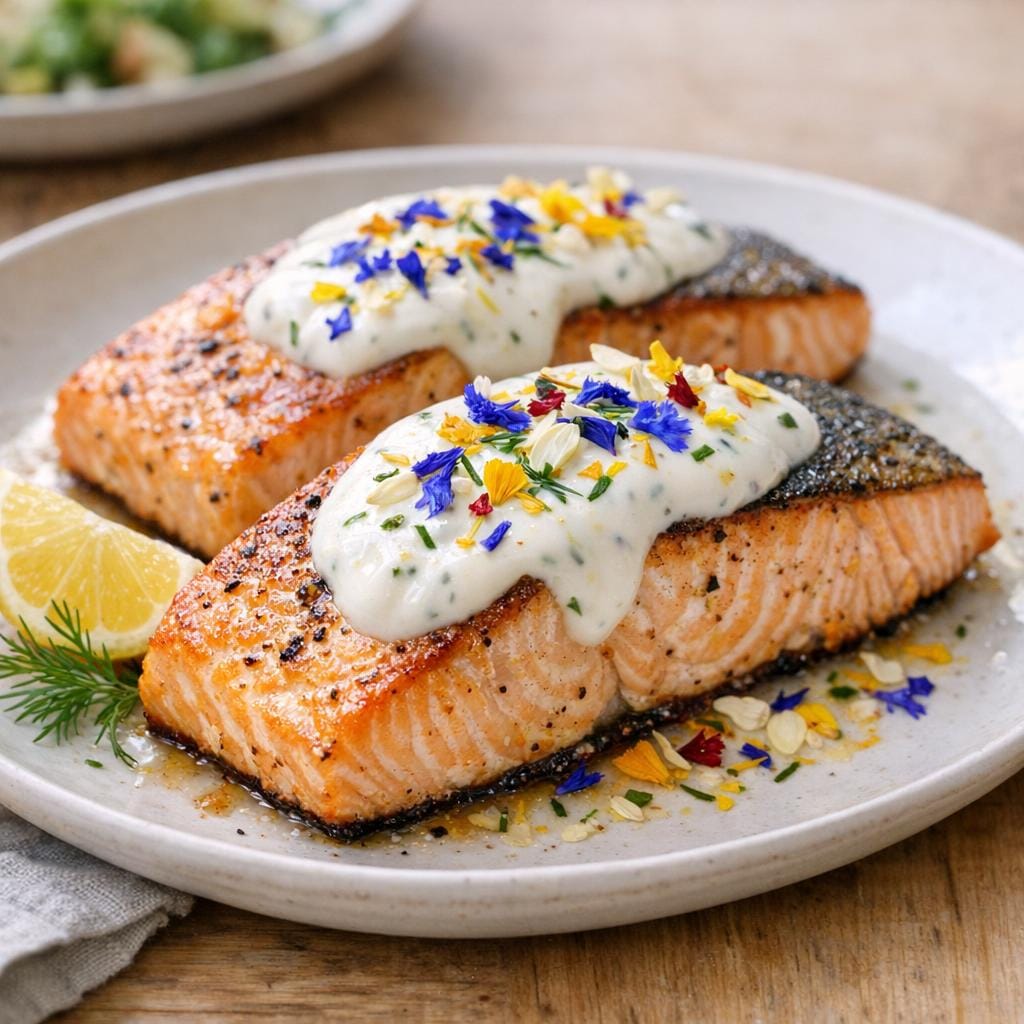 Saumon rôti, yaourt citronné et Éclats Floraux avec Éclats Floraux - Fleurs comestibles
