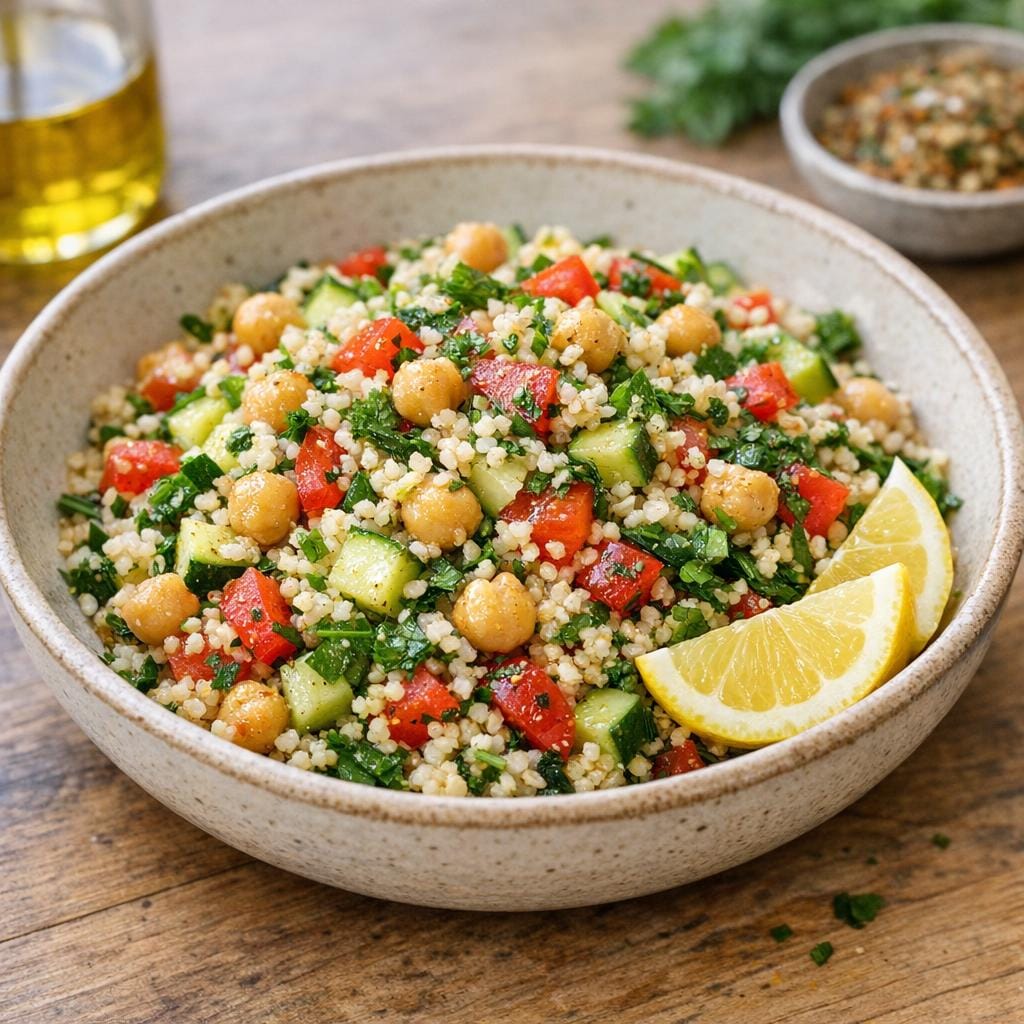 Taboulé de boulgour, concombre et pois chiches avec Assemblage Taboulé et salades