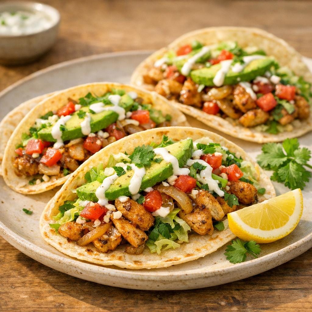 Tacos de poulet doré, salade croquante et crème citronnée avec Tacos