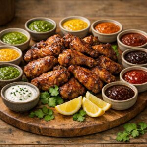 Ailes de poulet rôties : pack de 10 sauces piquantes avec Dernière Soirée - pack de 10 sauces piquantes