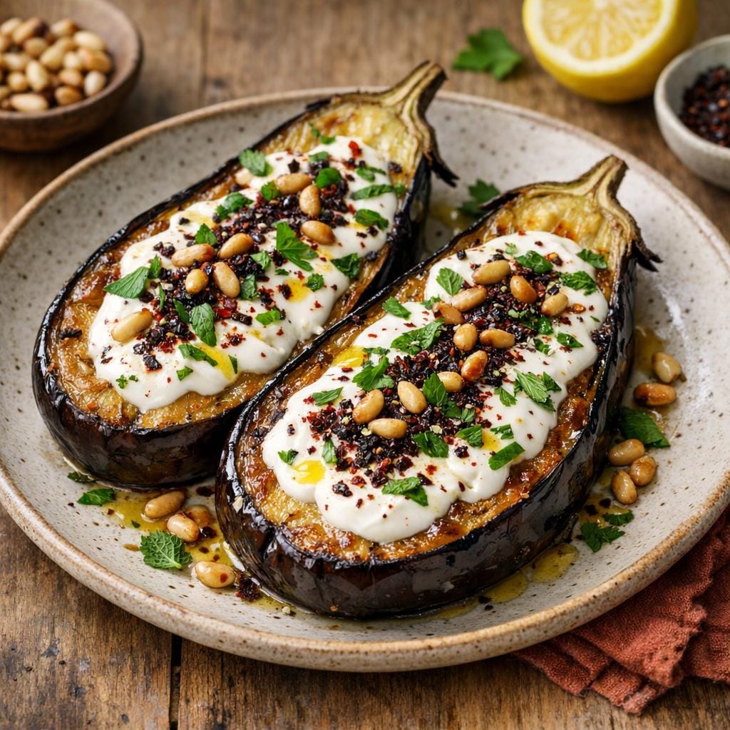 Aubergines rôties au piment Urfa, yaourt citron avec Piment Urfa