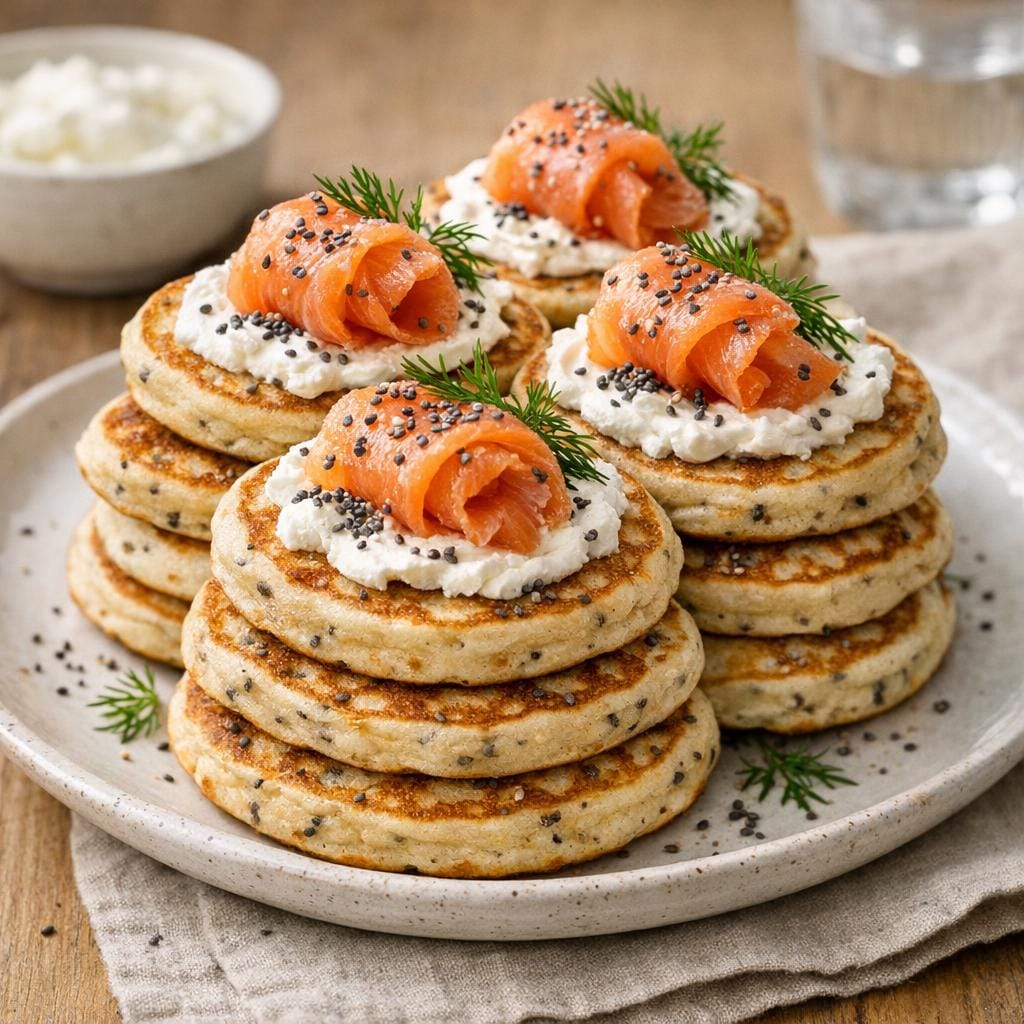 Blinis aux graines de chia, saumon fumé et herbes avec Graines de Chia