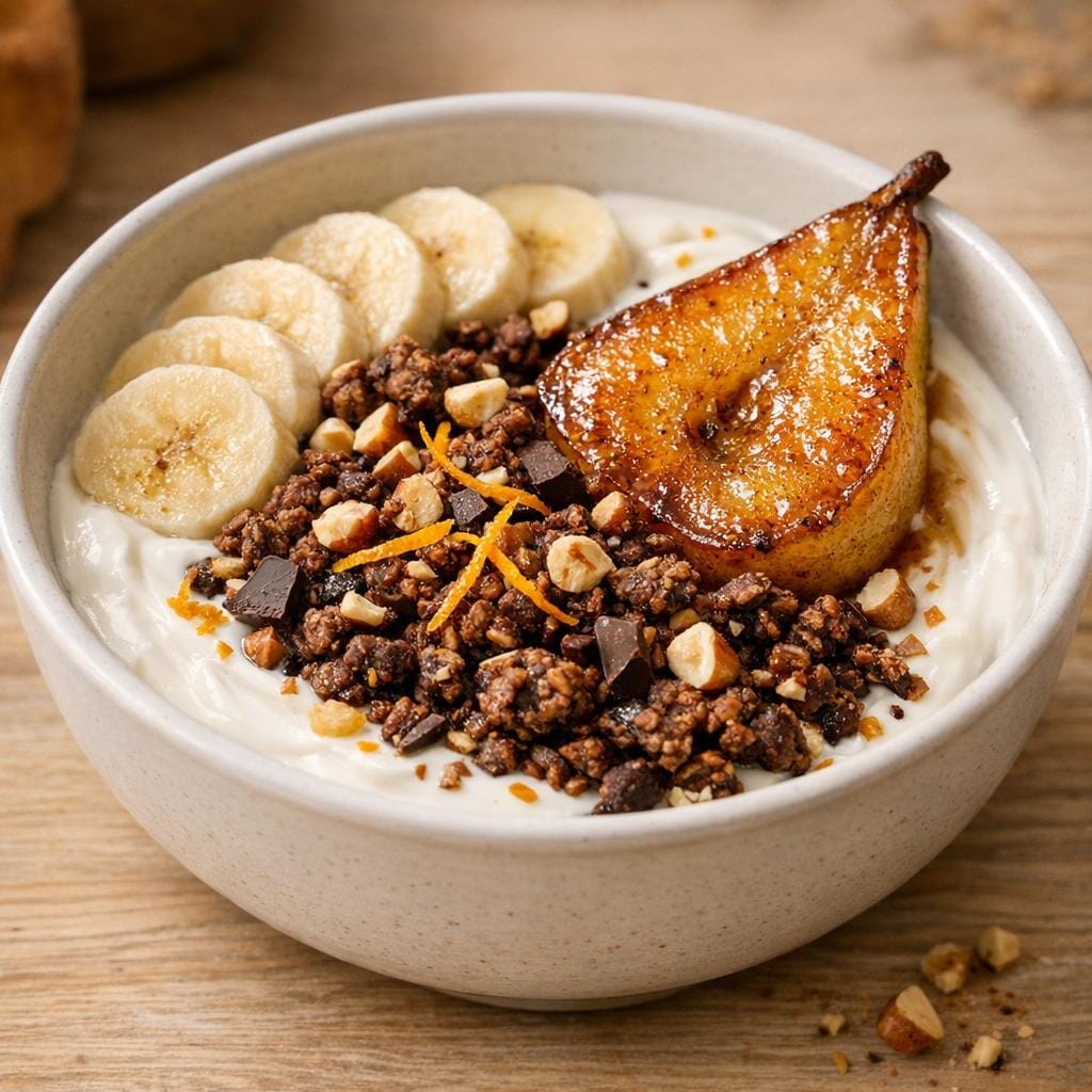 Bol réconfortant : yaourt, poire rôtie & granola chocolat avec Granola chocolat