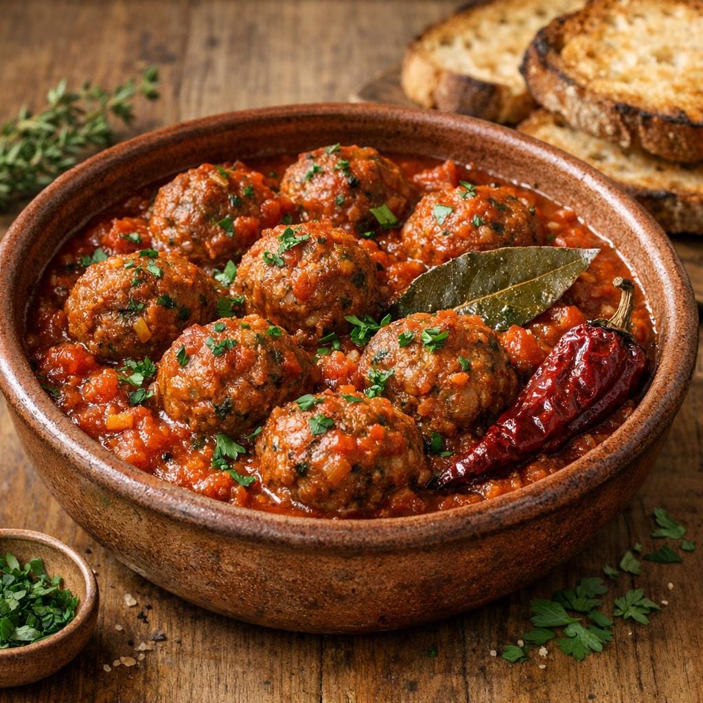 Boulettes mijotées à la tomate et piment pimientos séché avec Piment Pimientos entier et séché