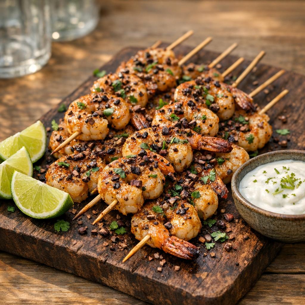 Brochettes crevettes cacao-chili
