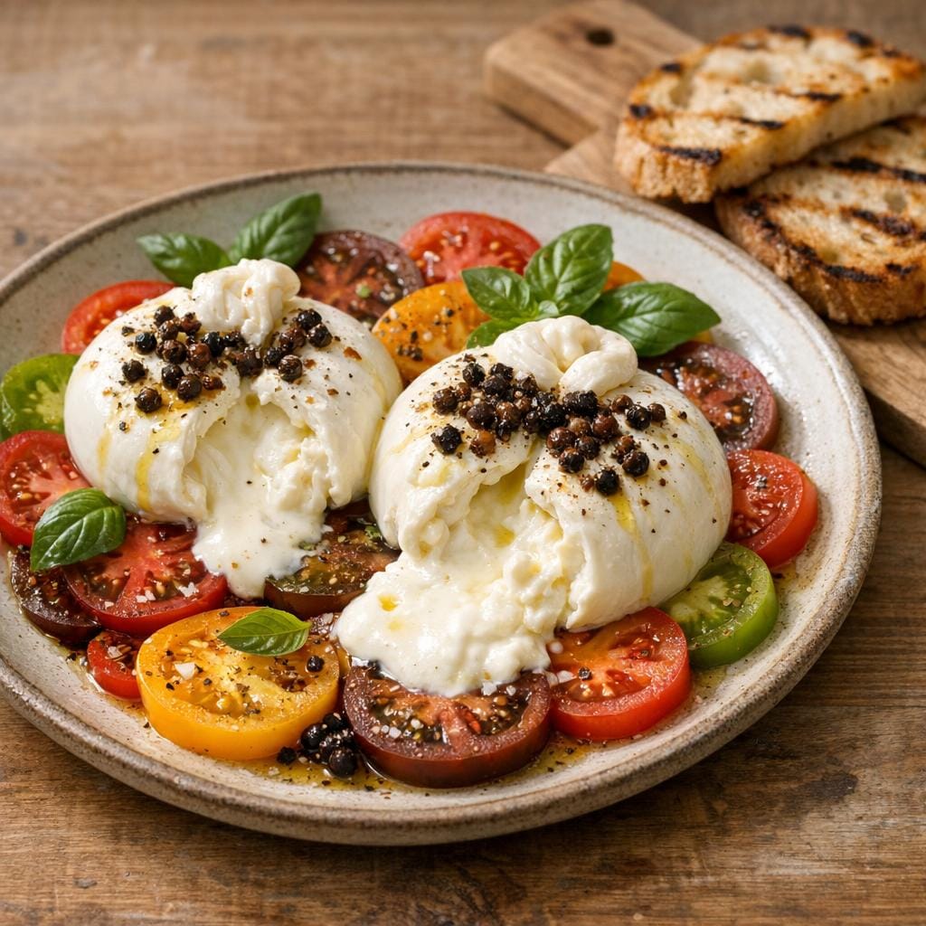 Burrata, tomates anciennes & poivre noir de Kampot avec Poivre noir de Kampot frais et fermenté