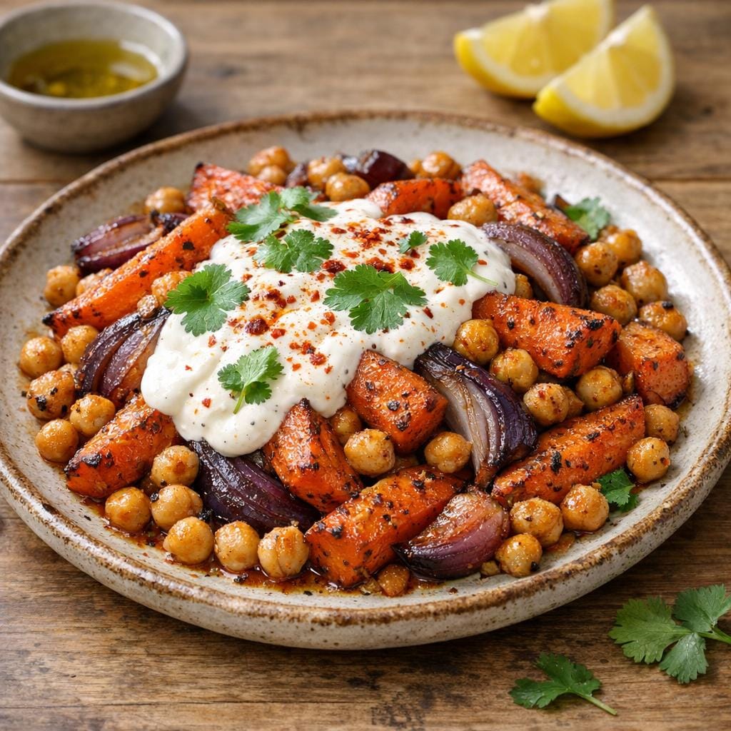 Carottes et pois chiches rôtis à l'Assemblage à Harissa, yaourt citronné avec Assemblage à Harissa
