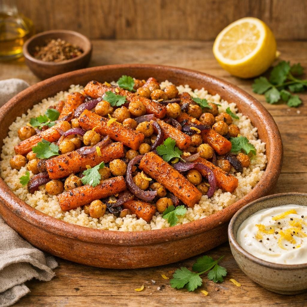 Carottes rôties au Baharat, pois chiches et semoule avec Assemblage Baharat