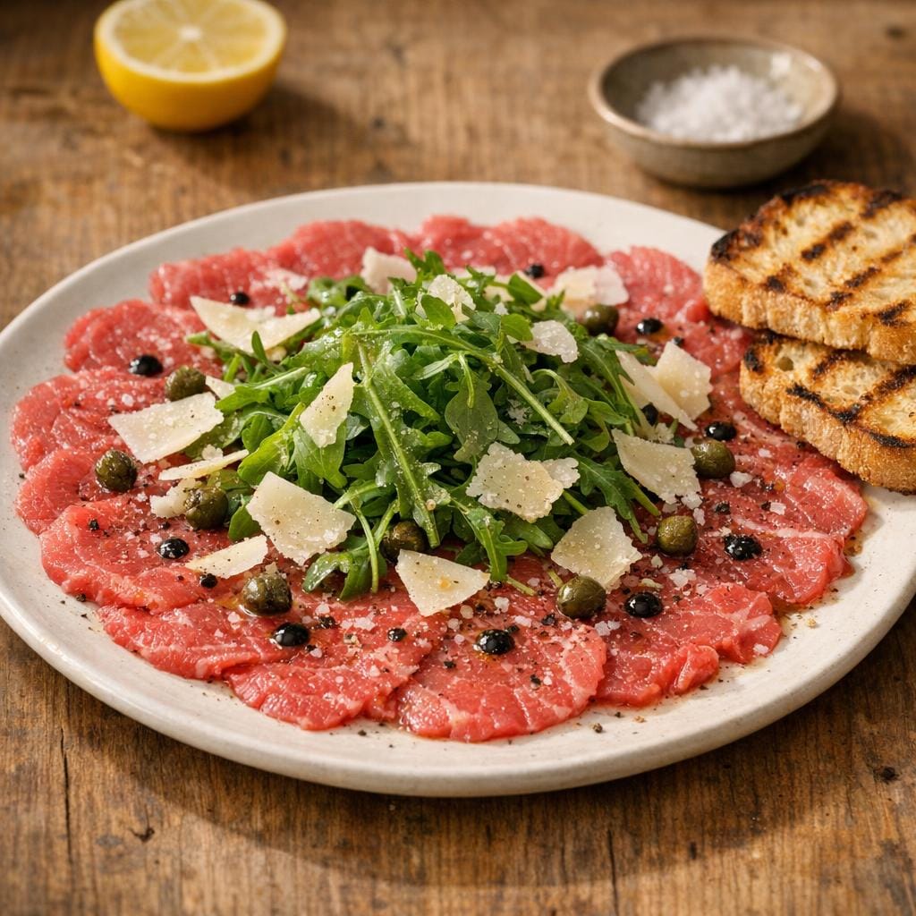 Carpaccio de bœuf, roquette, parmesan et huile truffée avec Huile d'olive à la Truffe Noire - 25cl