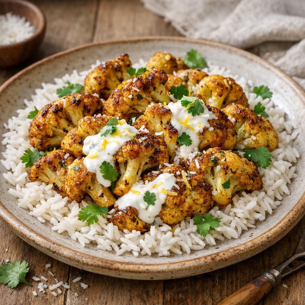 Chou-fleur rôti curry, yaourt citronné et riz parfumé avec Enrobage Curry