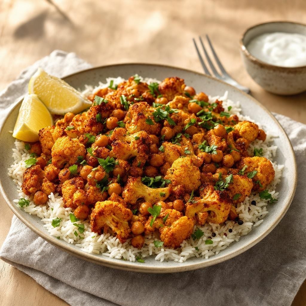 Chou‑fleur rôti et pois chiches au Tandoori, riz basmati et coriandre avec Tandoori