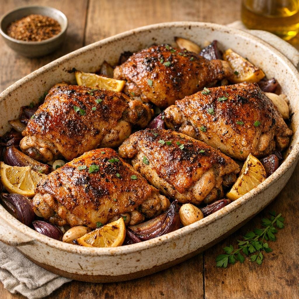 Cuisses de poulet au Baharat, oignons et citron rôti avec Assemblage Baharat