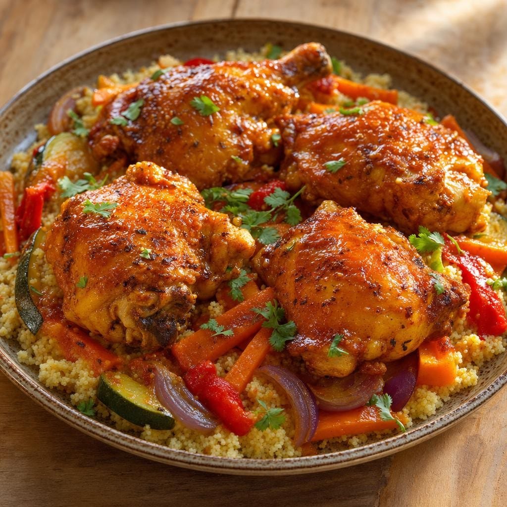 Cuisses de poulet rôties à l'Assemblage à Harissa, semoule et légumes fondants avec Assemblage à Harissa