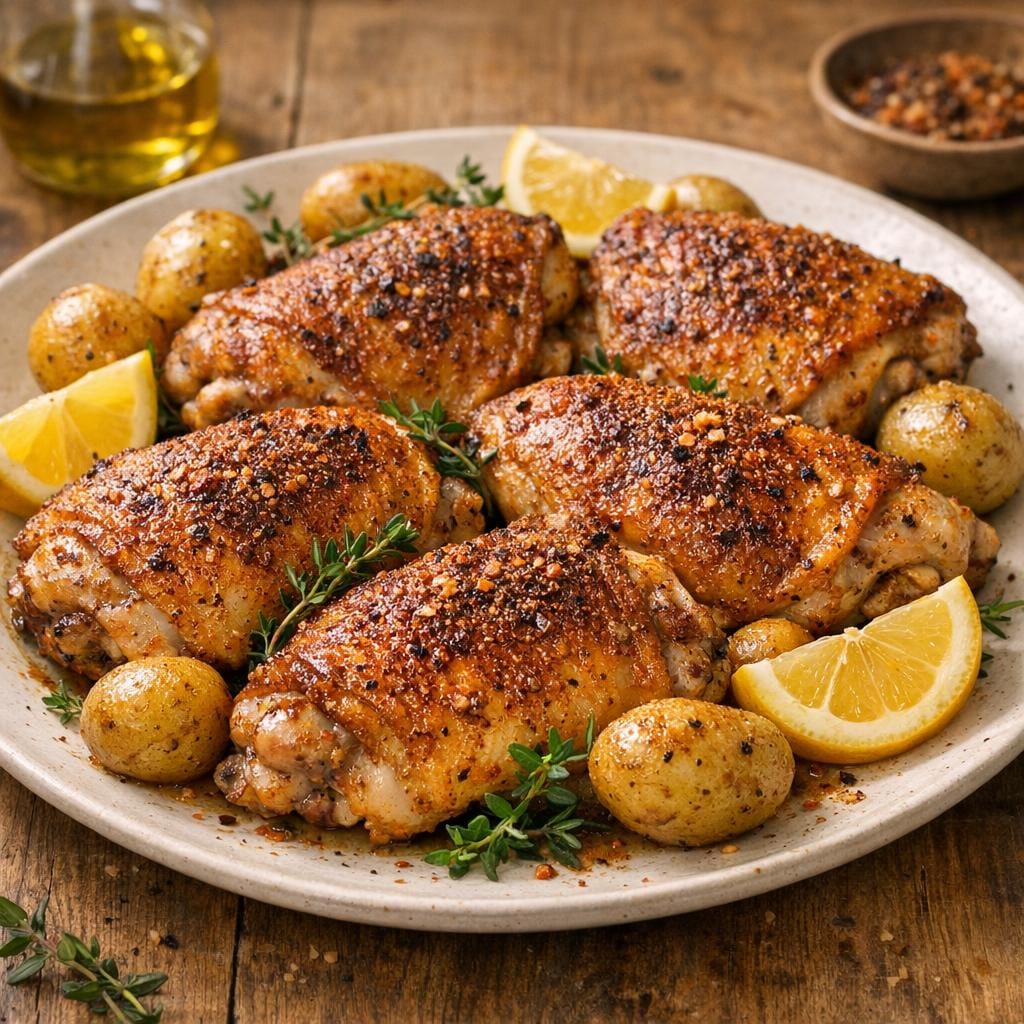 Cuisses de poulet rôties à l'Assemblage Luxe, croûte poivrée et fumée avec Assemblage Luxe - Sel épicé d'exception
