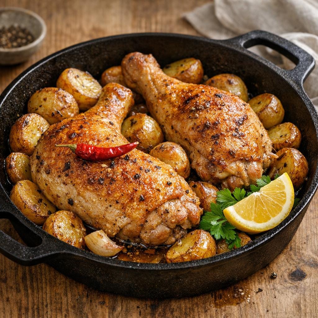 Cuisses de poulet rôties au piment oiseau, pommes de terre fondantes avec Piment oiseau ou Pili-pili rouge sec entier