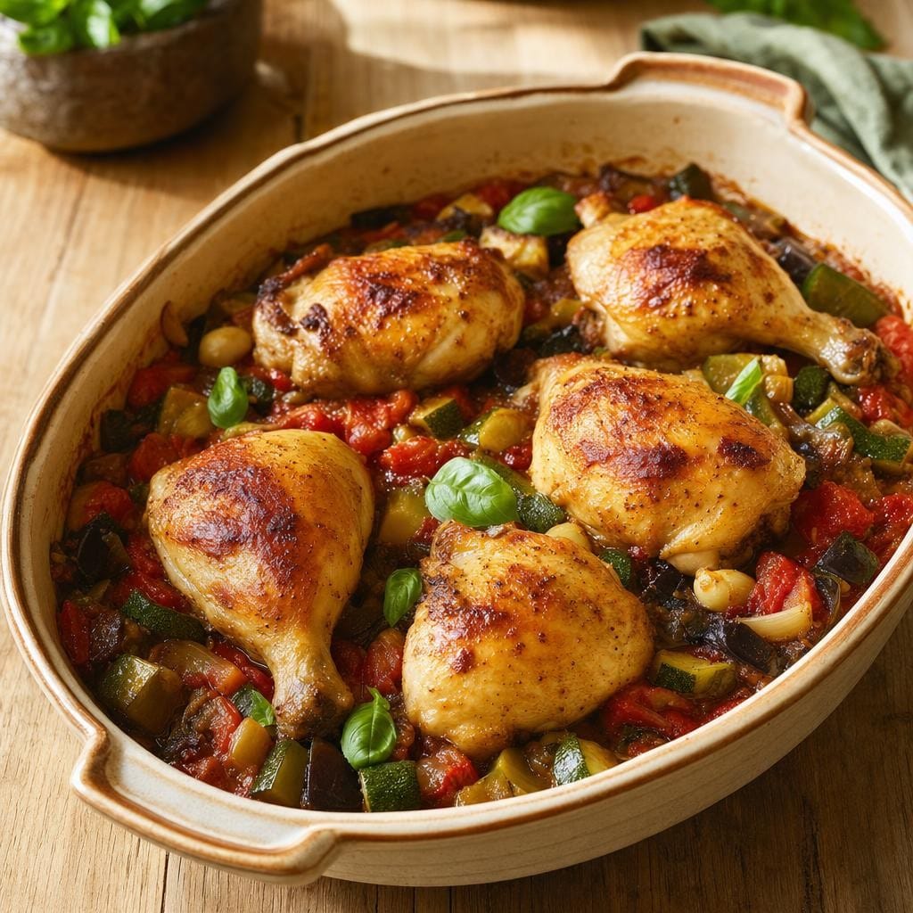 Cuisses de poulet rôties et ratatouille au four – Herbes & Arômes Méditerranéens avec Ratatouille Tradition – Herbes & Arômes Méditerranéens