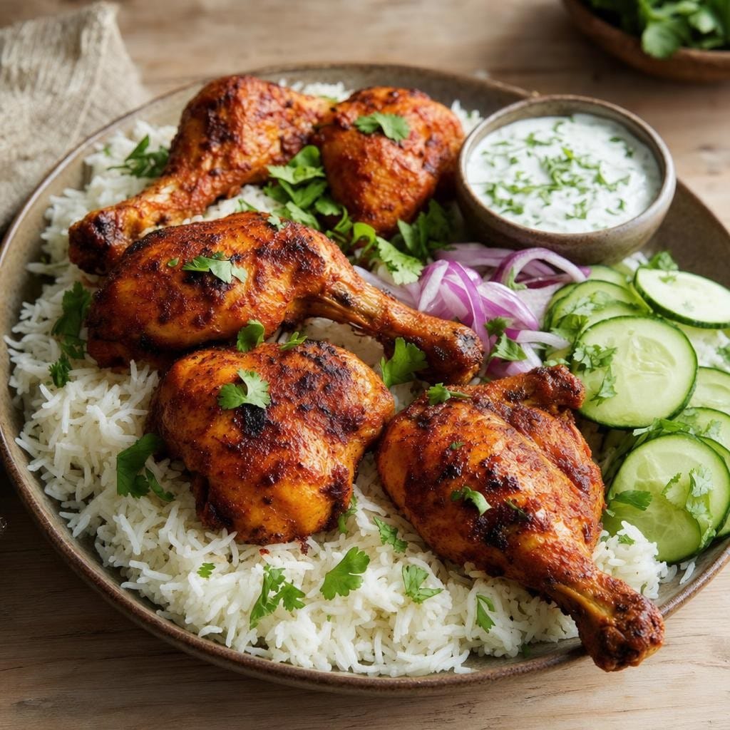 Cuisses de poulet tandoori au four, riz et sauce au yaourt avec Tandoori